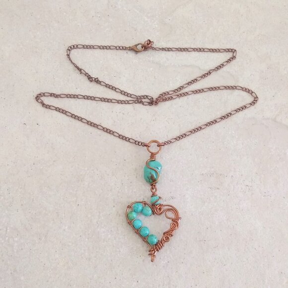 Desert Goddess Vibes! Turquoise Magnesite + Copper ~ Beaded Heart Necklace - Picture 6 of 15